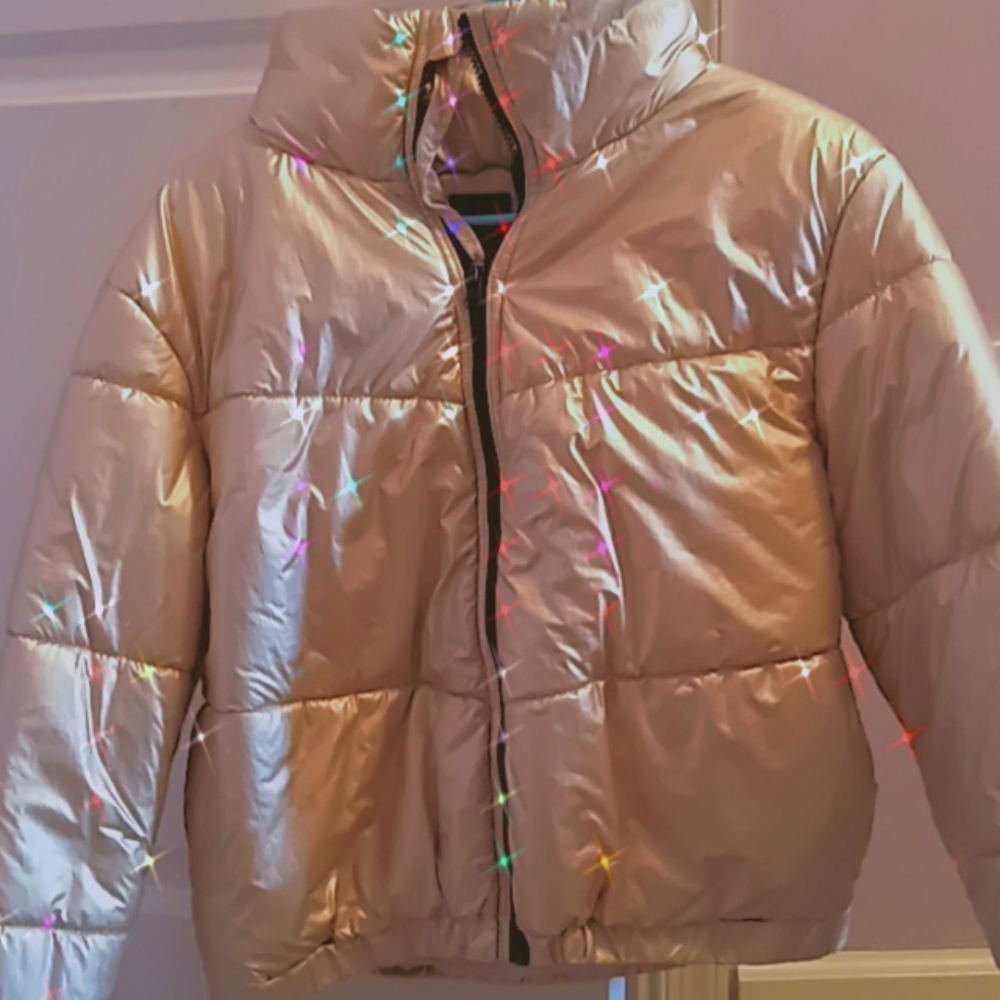 A gold puffer jacket